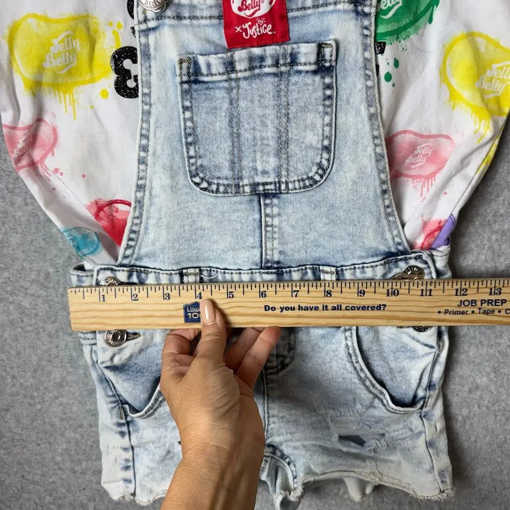 Vintage Justice Overalls & T-Shirt Jelly Belly Girls Size 7 Retro Rainbow Shorts